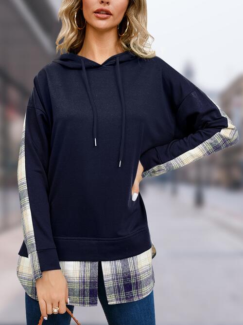 Plaid Drawstring Long Sleeve Slit Hoodie BLUE ZONE PLANET