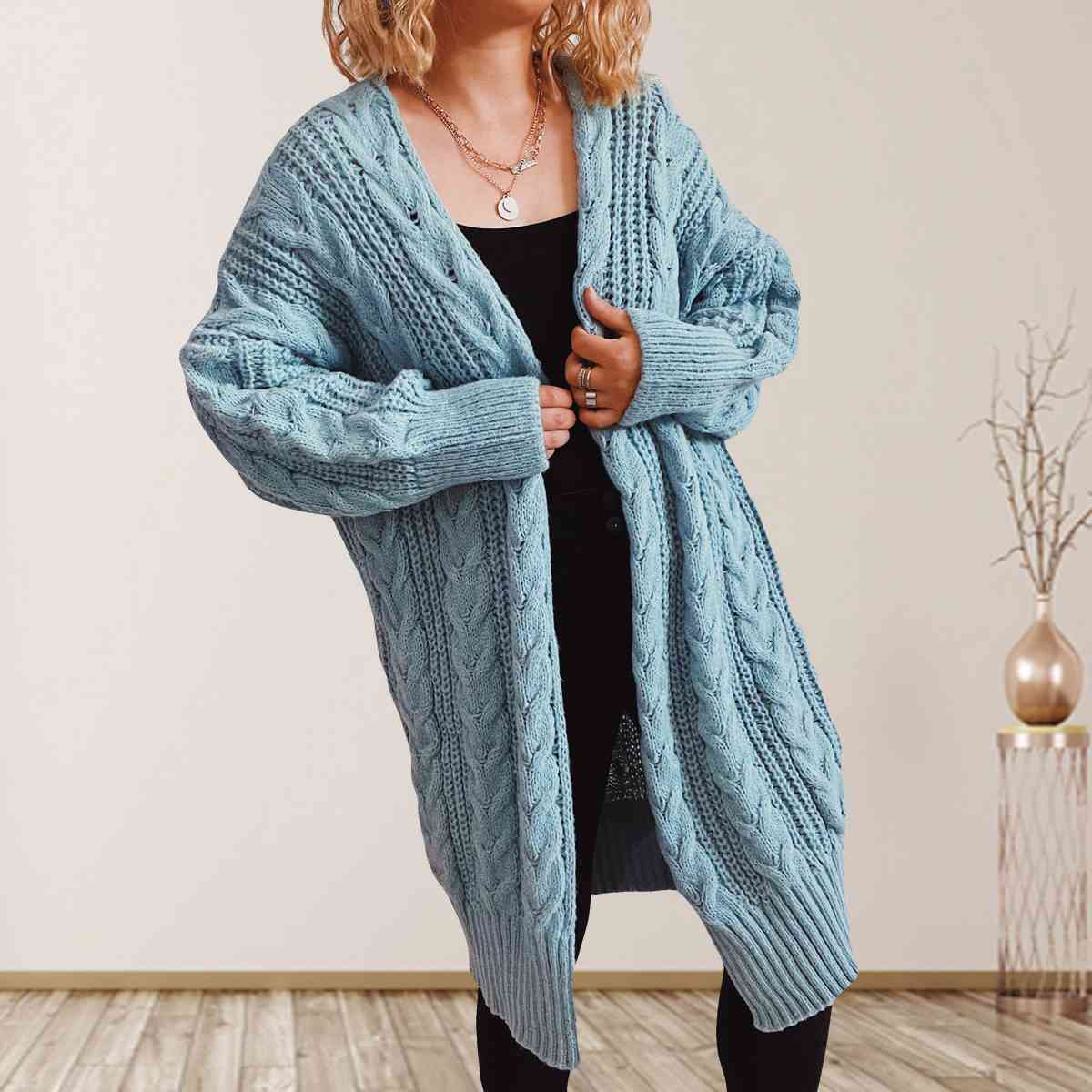 Cable-Knit Open Front Dropped Shoulder Cardigan BLUE ZONE PLANET