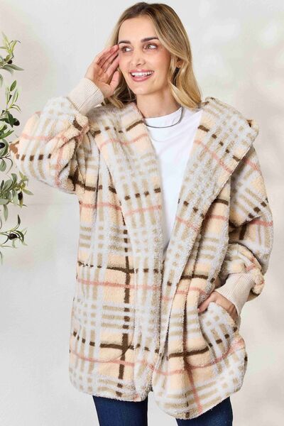 Blue Zone Planet |  H&T Checked Faux Fur Hooded Jacket BLUE ZONE PLANET