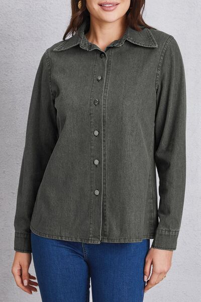 Collared Neck Button Up Denim Top Trendsi