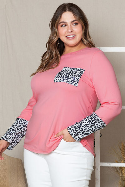 Plus Size Leopard Round Neck Long Sleeve T-Shirt BLUE ZONE PLANET