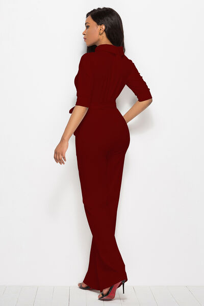 Mock Neck Tie-Waist Half Sleeve Jumpsuit Trendsi