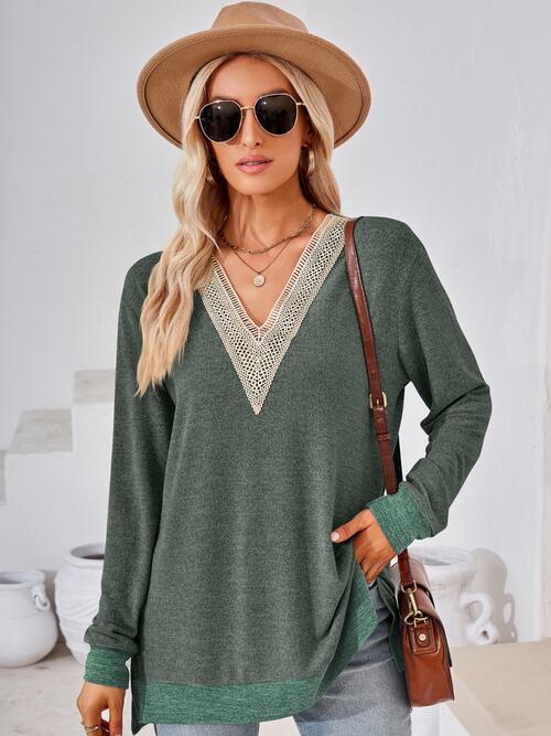 Crochet Contrast V-Neck Long Sleeve Slit T-Shirt BLUE ZONE PLANET