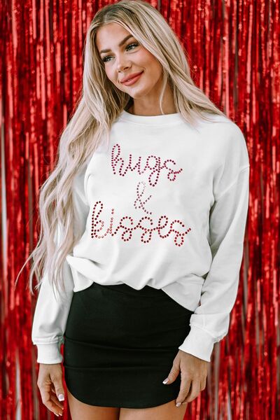 HUGS & KISSES Rhinestone Round Neck Sweatshirt Trendsi