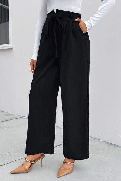 High Waist Ruched Tie Front Wide Leg Pants BLUE ZONE PLANET