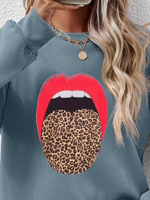 Leopard Lip Graphic Round Neck Sweatshirt BLUE ZONE PLANET