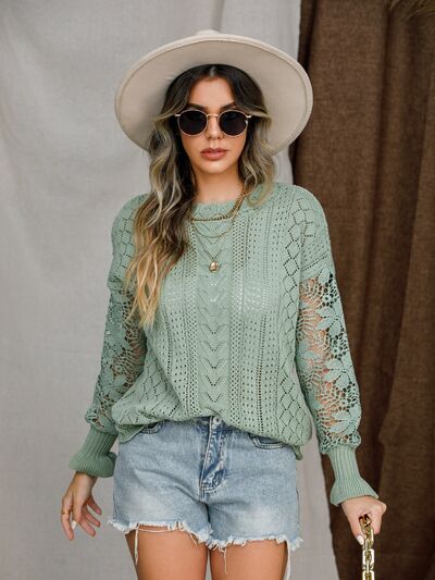 Blue Zone Planet |  Eyelet Crochet Lantern Sleeve Sweater BLUE ZONE PLANET