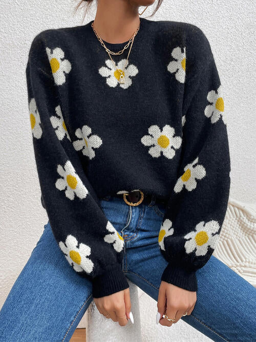 Flower Round Neck Latern Sleeve Sweater BLUE ZONE PLANET