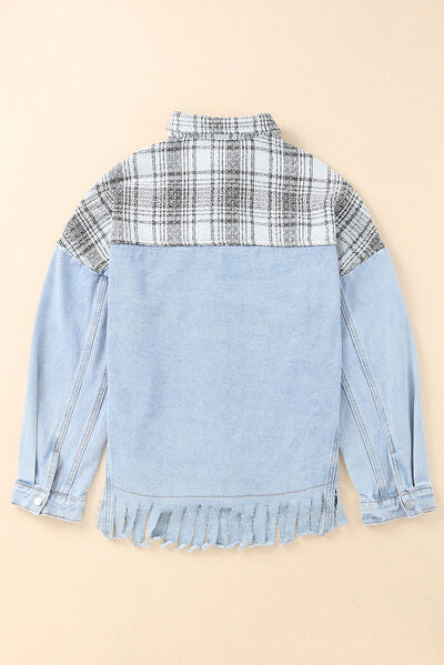 Plaid Pocketed Snap Down Denim Jacket BLUE ZONE PLANET