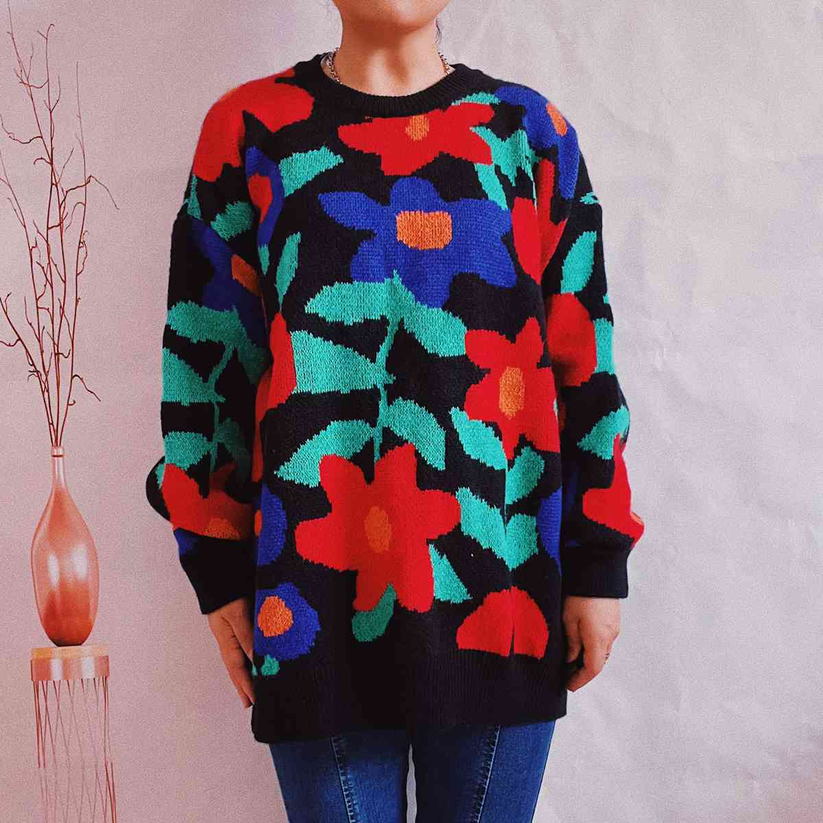 Floral Print Round Neck Drop Shoulder Sweater BLUE ZONE PLANET