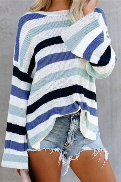 Striped Slit Round Neck Dropped Shoulder Sweater Trendsi