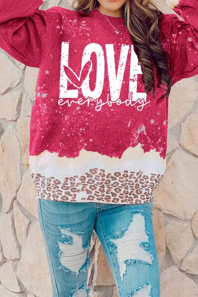 Blue Zone Planet |  LOVE EVERYBODY Leopard Round Neck Sweatshirt BLUE ZONE PLANET