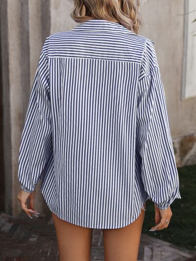 Striped Pocketed Button Up Long Sleeve Shirt Trendsi