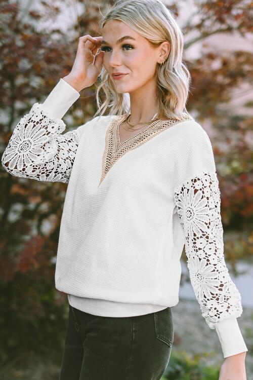 V-Neck Crochet Long Sleeve Blouse BLUE ZONE PLANET