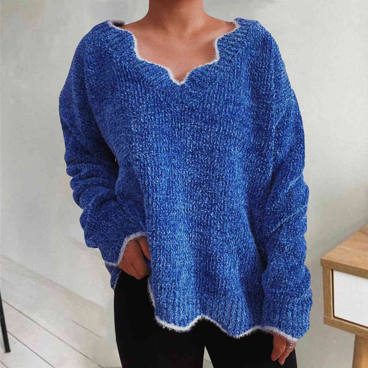 V-Neck Drop Shoulder Long Sleeve Sweater BLUE ZONE PLANET