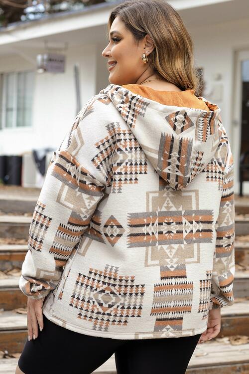 Plus Size Geometric Print Kangaroo Pockets Hoodie BLUE ZONE PLANET