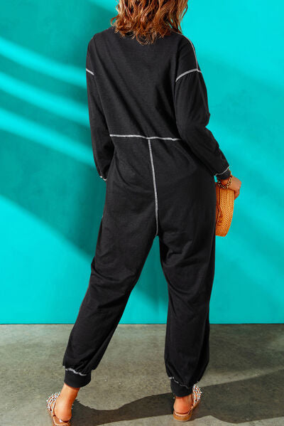 Blue Zone Planet |  Contrast Stitching Pocketed Dropped Shoulder Jumpsuit BLUE ZONE PLANET