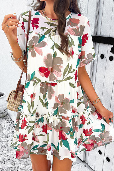 Printed Tiered Round Neck Mini Dress Trendsi