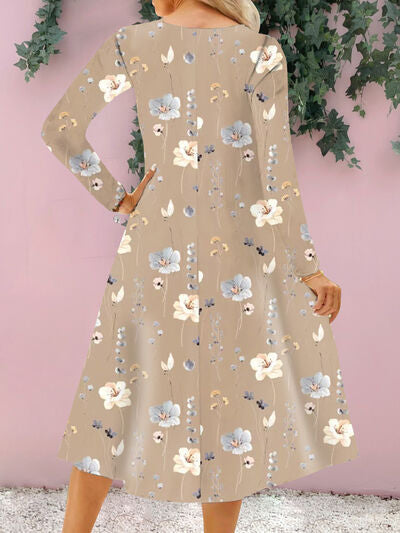 Floral Notched Long Sleeve Midi Dress BLUE ZONE PLANET