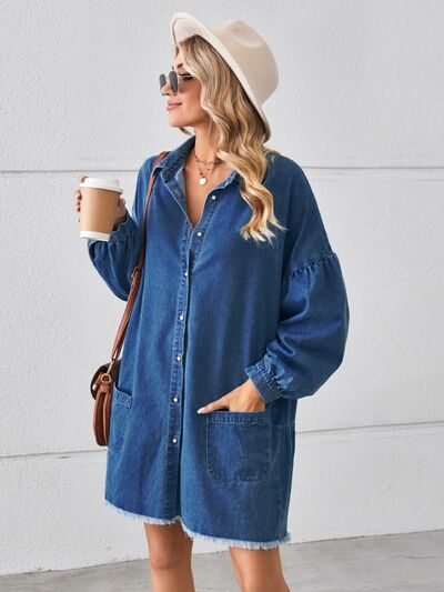 Button Up Pocketed Raw Hem Denim Dress Trendsi