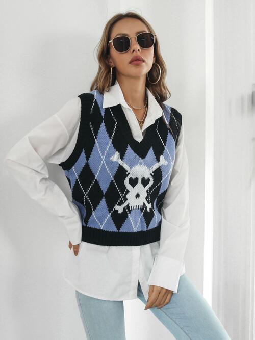 Skull Geometric V-Neck Sweater Vest BLUE ZONE PLANET