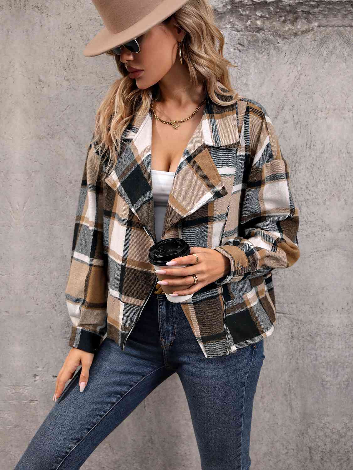 Plaid Collared Neck Long Sleeve Jacket BLUE ZONE PLANET