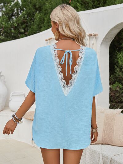 Cutout Tied Round Neck T-Shirt BLUE ZONE PLANET