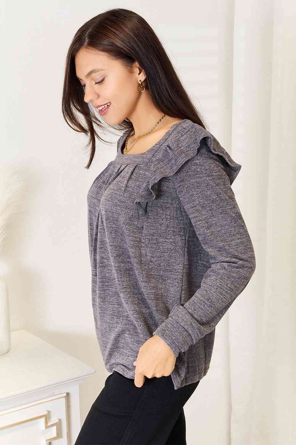 Double Take Square Neck Ruffle Shoulder Long Sleeve T-Shirt BLUE ZONE PLANET