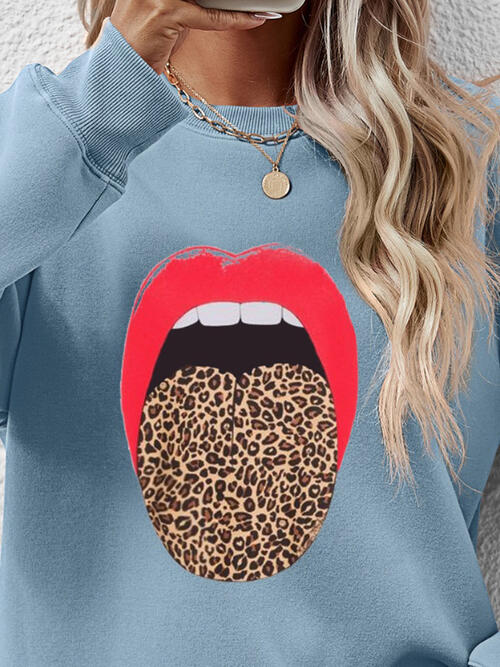 Leopard Lip Graphic Round Neck Sweatshirt BLUE ZONE PLANET