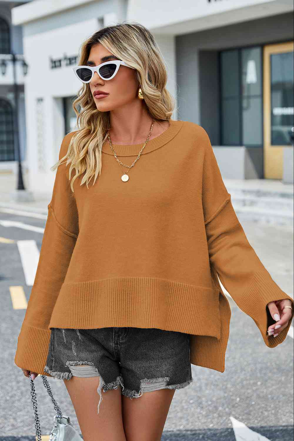 Round Neck Dropped Shoulder Slit Sweater BLUE ZONE PLANET