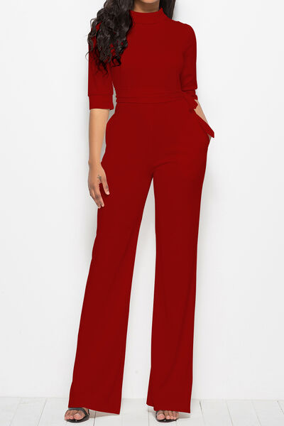 Mock Neck Tie-Waist Half Sleeve Jumpsuit Trendsi