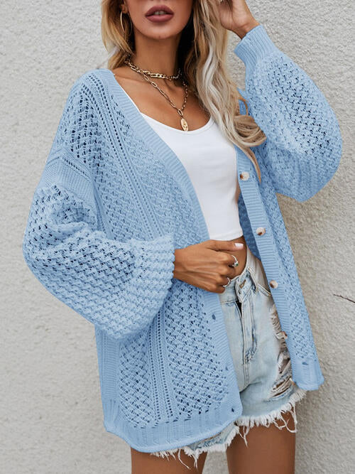 Openwork Button Front Cardigan BLUE ZONE PLANET