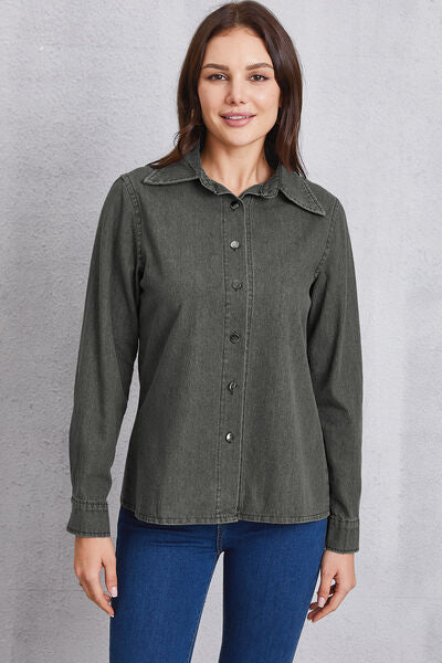 Collared Neck Button Up Denim Top Trendsi