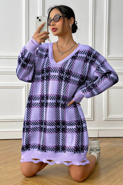 Plaid V-Neck Long Sleeve Sweater Dress BLUE ZONE PLANET