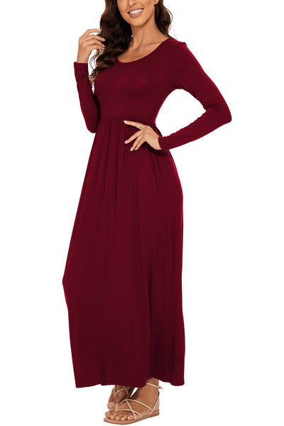 Round Neck Long Sleeve Pocketed Maxi Dress-TOPS / DRESSES-[Adult]-[Female]-2022 Online Blue Zone Planet