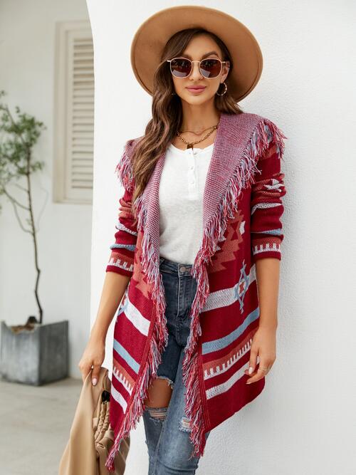 Fringe Geometric Hooded Long Sleeve Cardigan BLUE ZONE PLANET