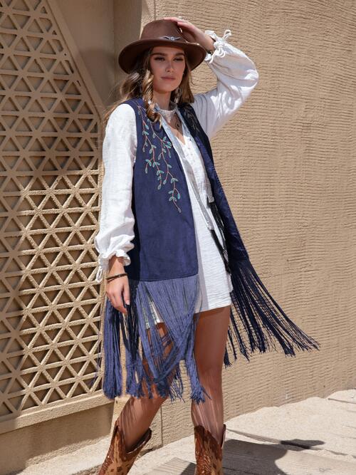 Fringe Hem Open Front Vest BLUE ZONE PLANET