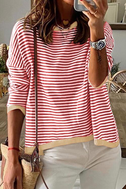 Striped Round Neck Drop Shoulder T-Shirt BLUE ZONE PLANET