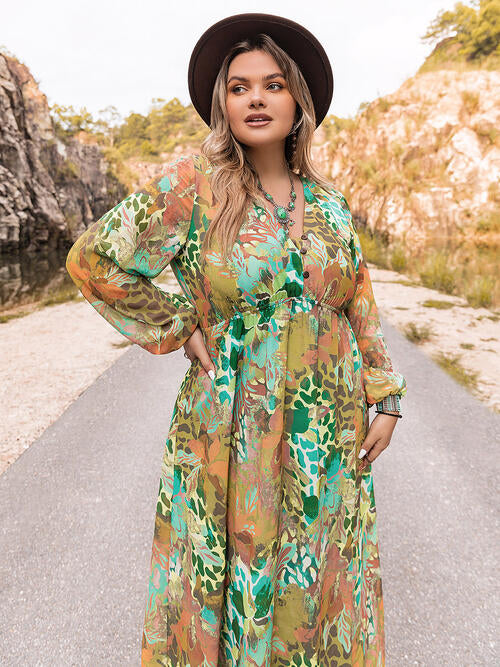 Plus Size Floral V-Neck Long Sleeve Dress BLUE ZONE PLANET