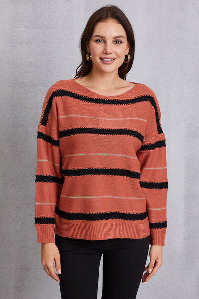 Striped Round Neck Dropped Shoulder Sweater-TOPS / DRESSES-[Adult]-[Female]-Red Orange-S-2022 Online Blue Zone Planet