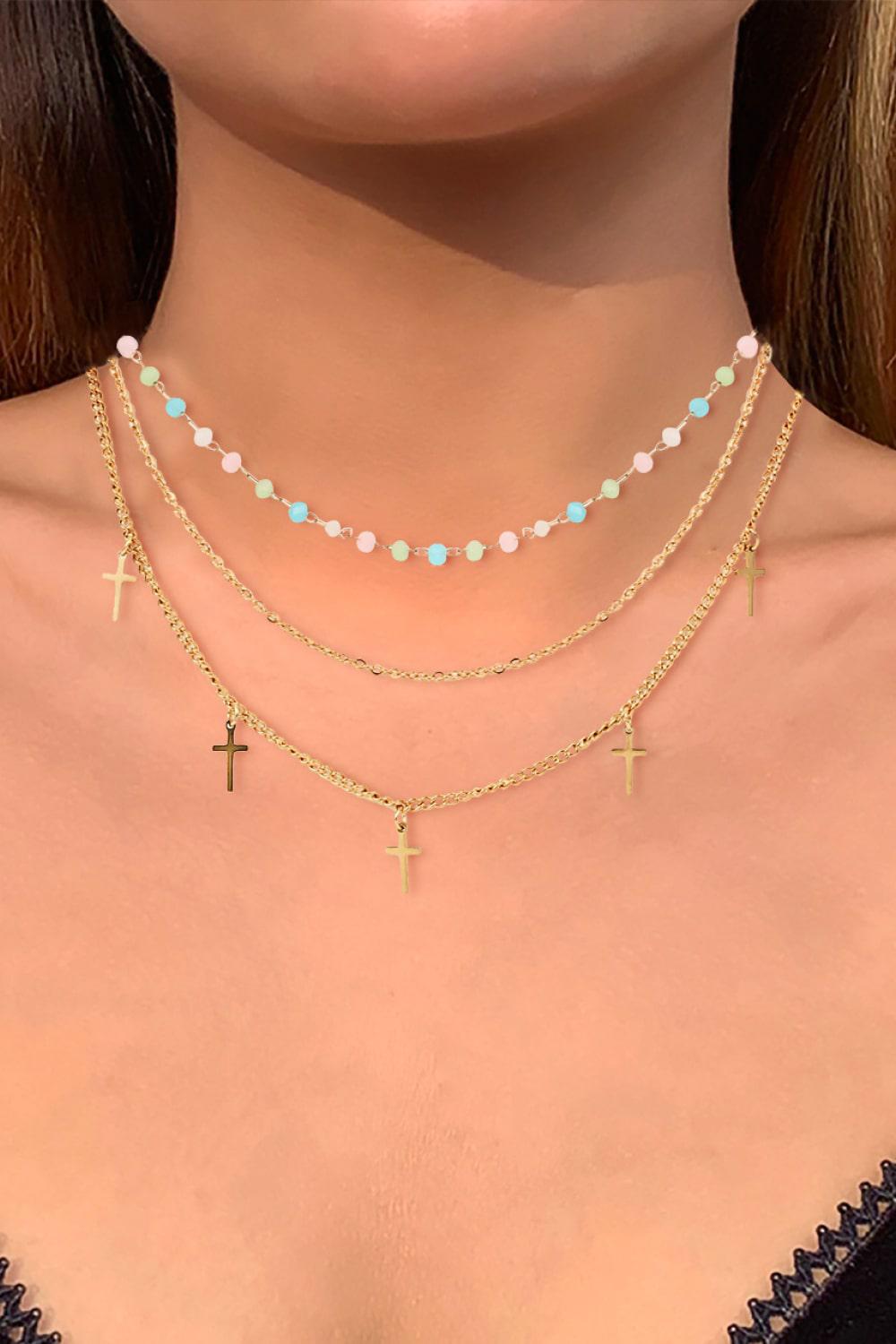 18K Gold Plated Cross Pendant Triple-Layered Necklace-Necklaces-[Adult]-[Female]-Gold-One Size-2022 Online Blue Zone Planet