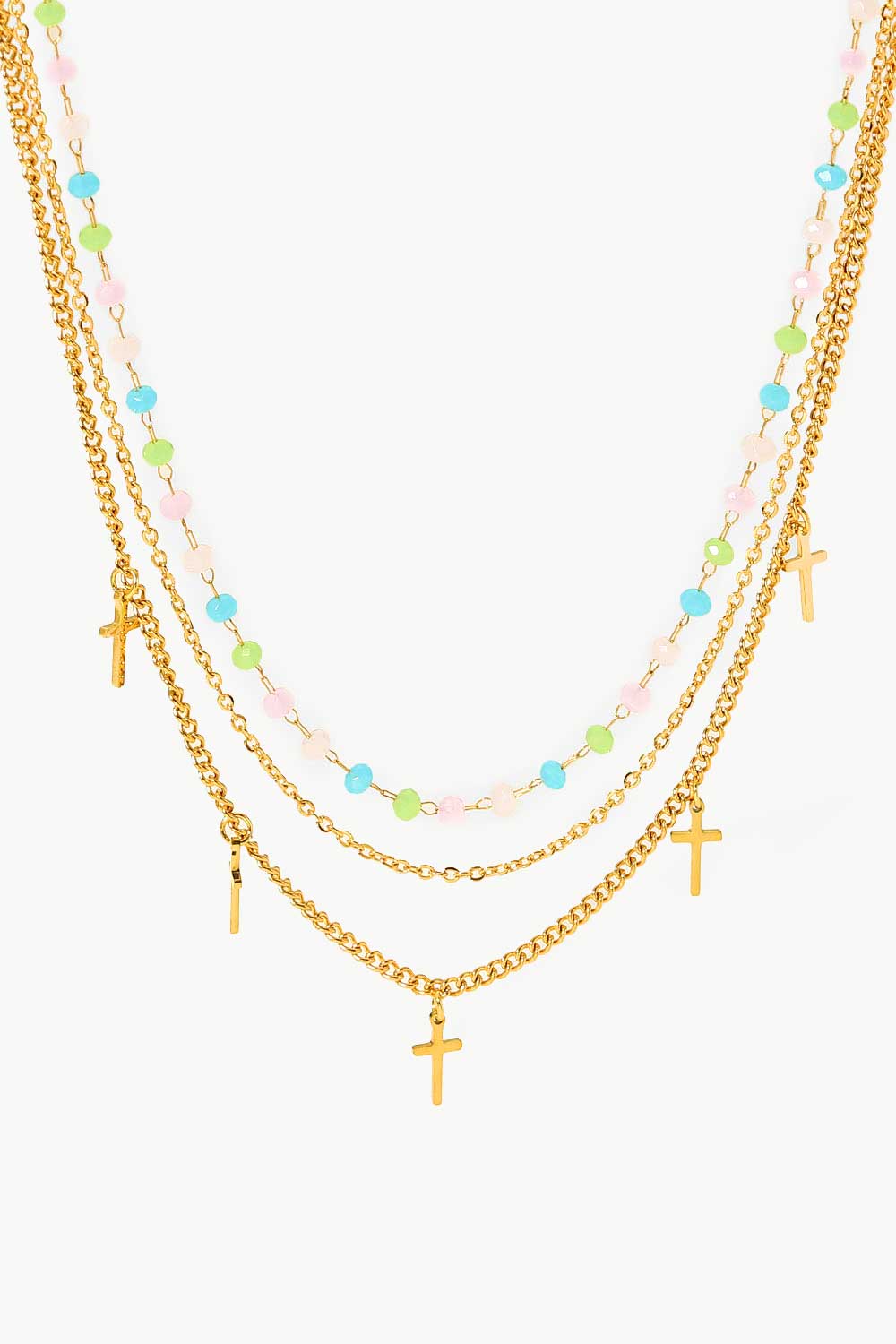 18K Gold Plated Cross Pendant Triple-Layered Necklace-Necklaces-[Adult]-[Female]-Gold-One Size-2022 Online Blue Zone Planet