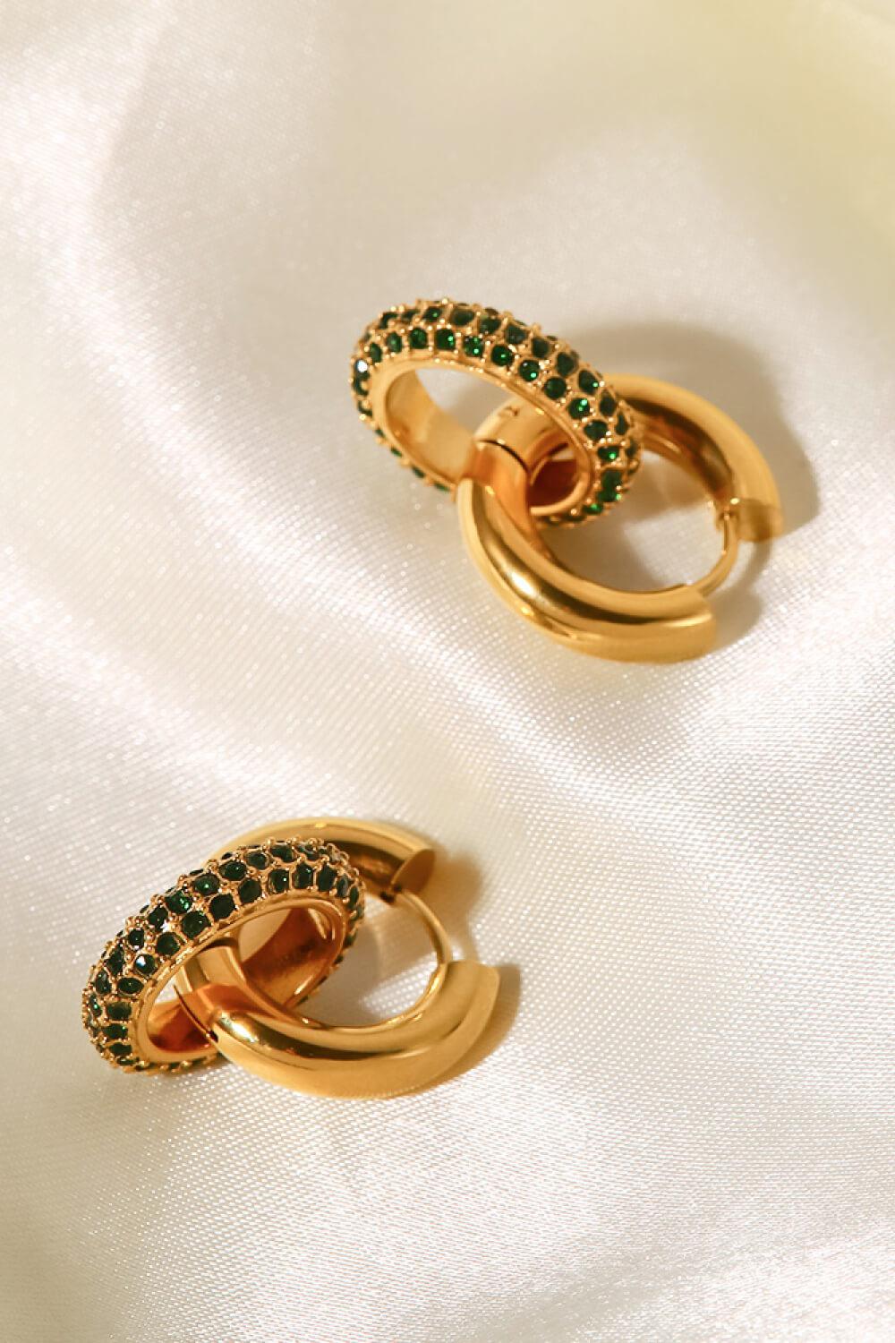 18K Gold-Plated Inlaid Zircon Double-Hoop Earrings-TOPS / DRESSES-[Adult]-[Female]-Gold/Green-One Size-2022 Online Blue Zone Planet