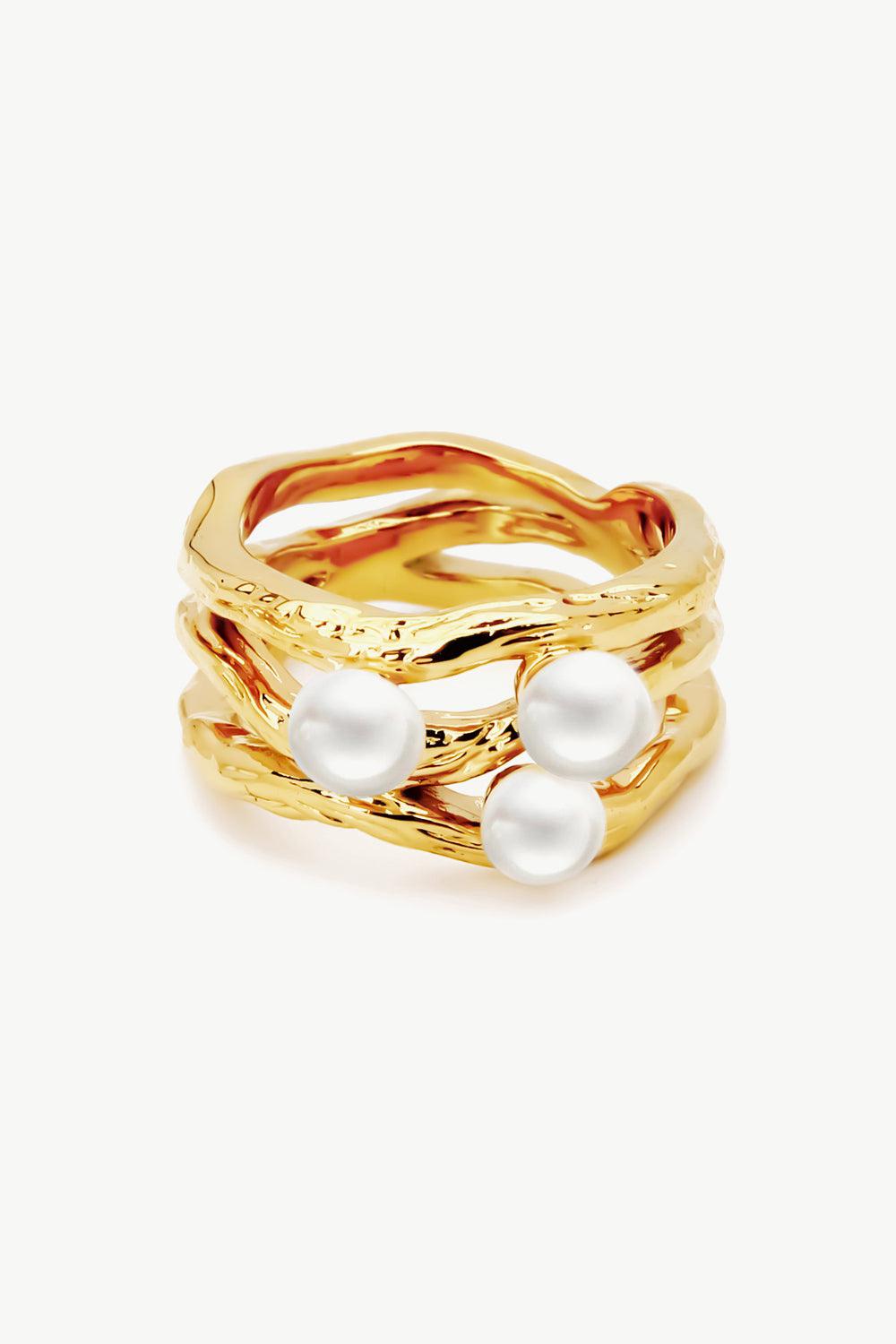 18K Gold-Plated Three Pearl Ring BLUE ZONE PLANET
