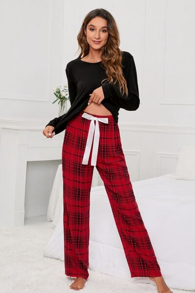 Blue Zone Planet |  Round Neck Long Sleeve Top and Bow Plaid Pants Lounge Set BLUE ZONE PLANET