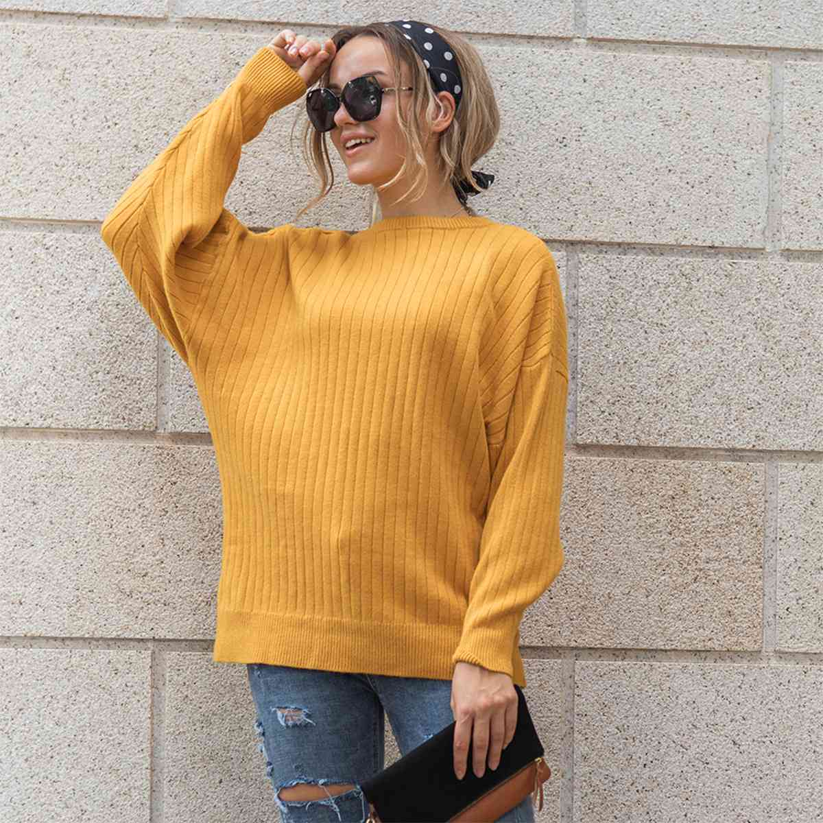 Round Neck Dropped Shoulder Sweater BLUE ZONE PLANET