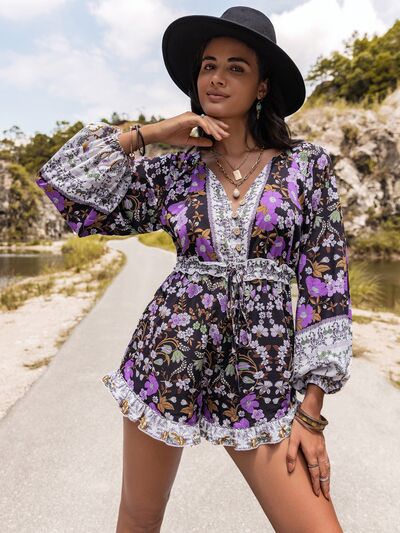Blue Zone Planet |  Printed Frill Half Button Balloon Sleeve Romper BLUE ZONE PLANET