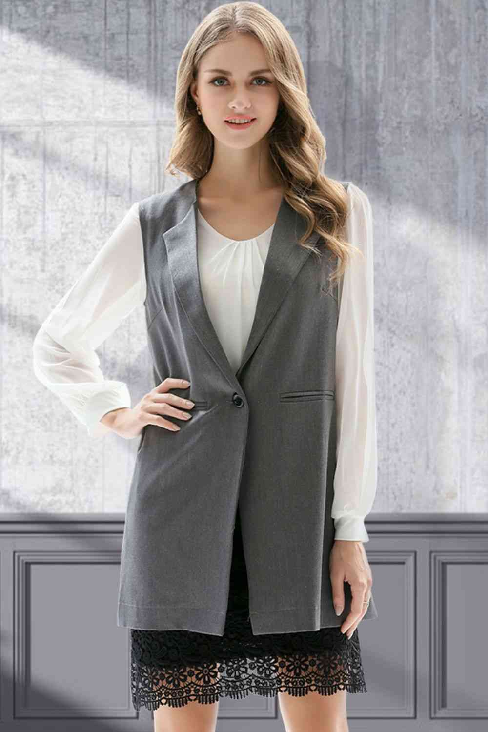 One-Button Sleeveless Longline Blazer BLUE ZONE PLANET