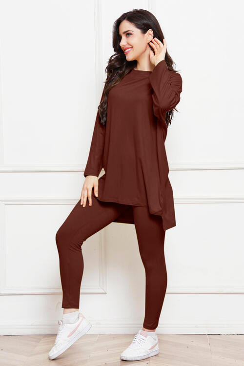 Round Neck High-Low Top and Leggings Set BLUE ZONE PLANET