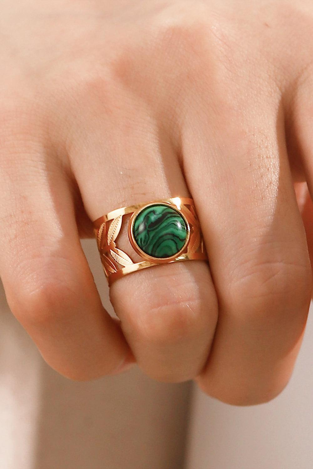 18k Gold Plated Malachite Leaf Ring-TOPS / DRESSES-[Adult]-[Female]-2022 Online Blue Zone Planet